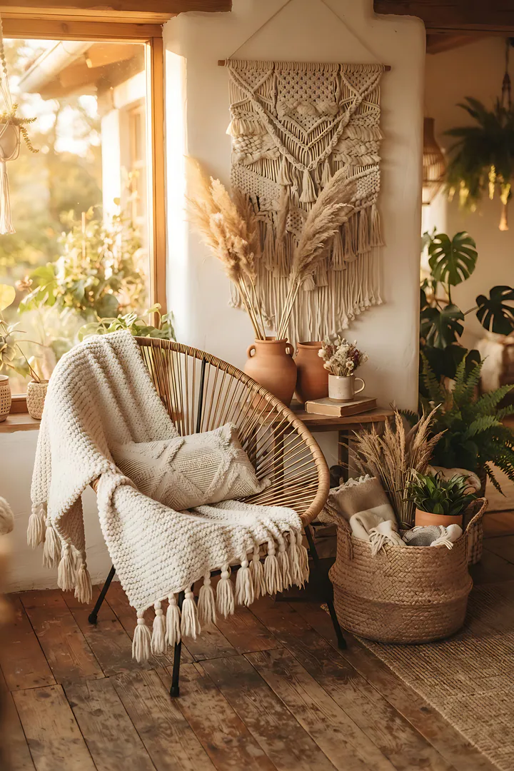 Boho Wanderer: aesthetic result. Boho still life, showing a rattan chair with a fringed throw, a woven basket, a macramé wall hanging, terracotta pots with pampas grass