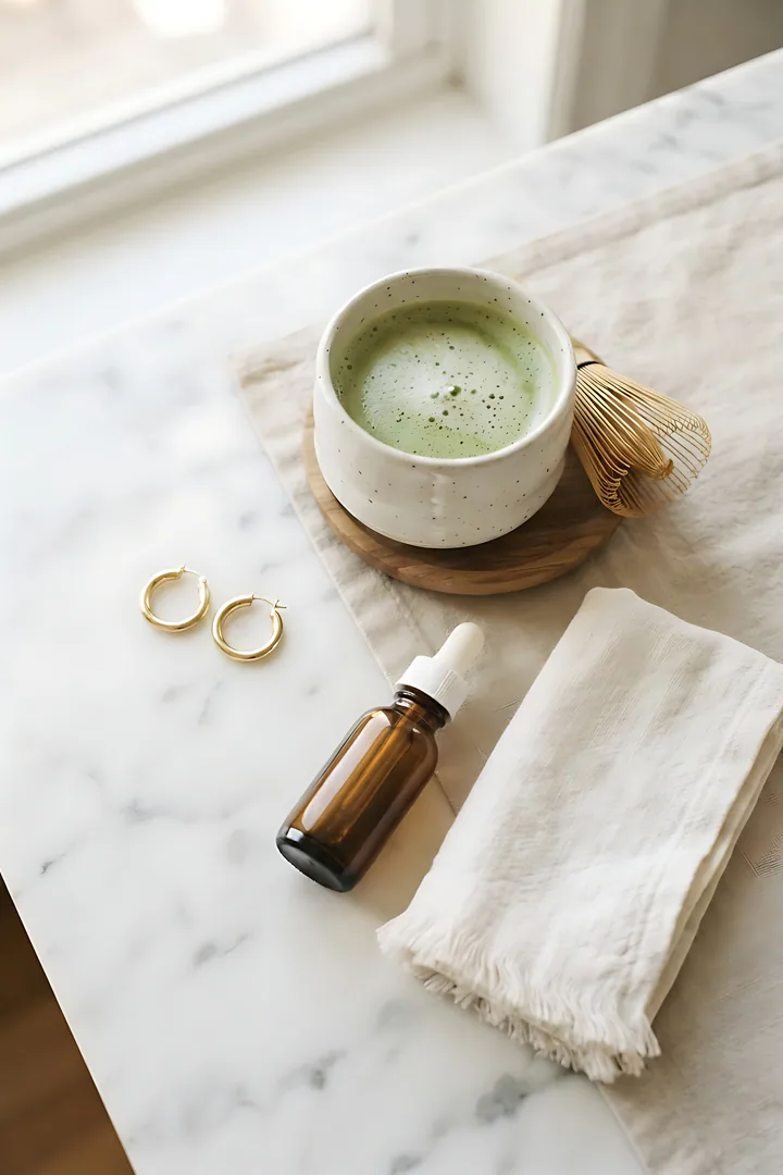 Clean Girl: aesthetic result. Clean girl aesthetic flat lay, showing white marble surface, gold hoop earrings, a matcha in a ceramic cup, a minimalist skincare bottle