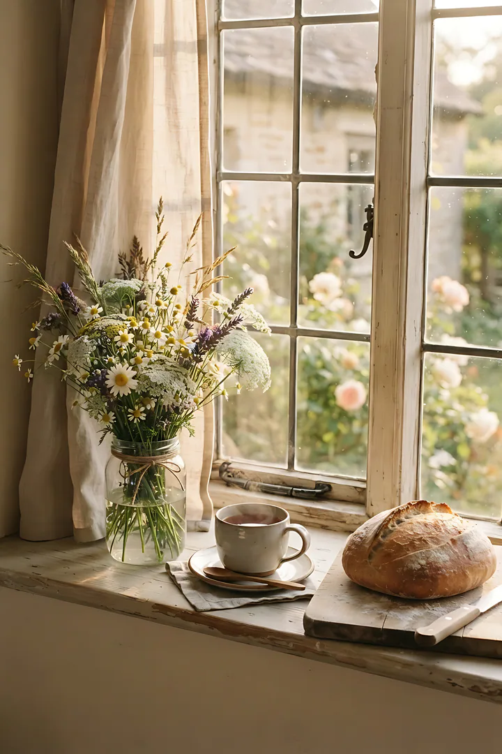 Cottagecore: aesthetic result. Cottagecore still life, showing wildflowers in a mason jar on a sunlit windowsill, linen curtain, a loaf of bread and a cup of tea