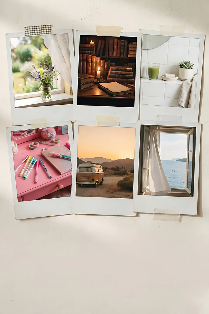What's Your Aesthetic? A dreamy vertical collage of six overlapping polaroid-style photos taped to a cream plaster wall, each one a different aesthetic