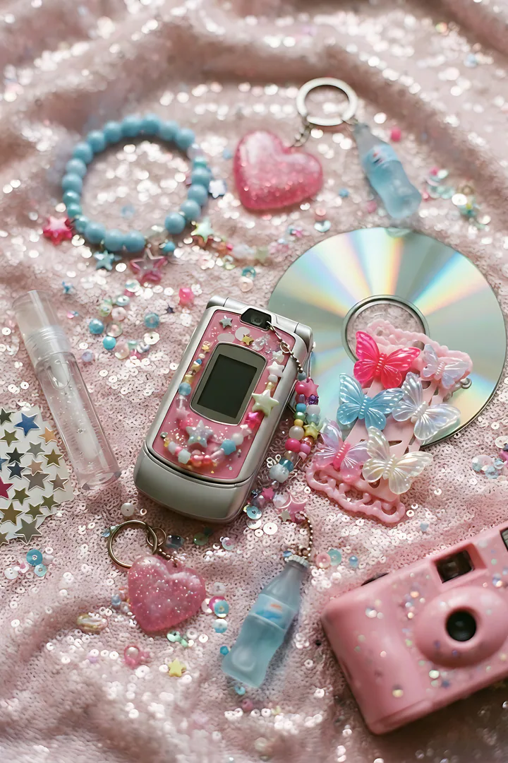 Y2K Pop: aesthetic result. Y2K aesthetic flat lay in hot pink and baby blue, showing butterfly hair clips, glossy lip gloss, a holographic CD