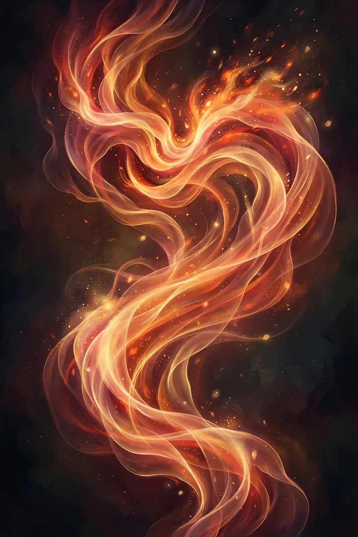 Ember Red: aura color result. Abstract aura energy in ember red and orange, showing flowing silk and glowing light gradients with tiny sparks, warm and fierce, ethereal