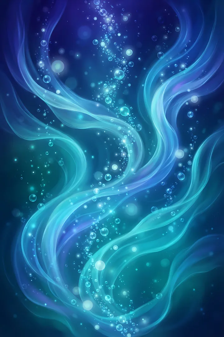 Ocean Blue: aura color result. Abstract aura in ocean blue, showing flowing blue water light and silk waves, deep teal gradient with glowing bubbles, serene