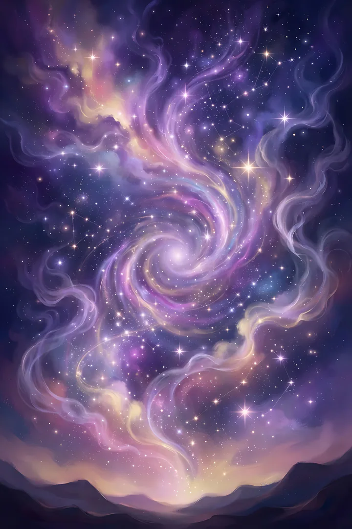 Violet Dusk: aura color result. Abstract aura in violet dusk, showing purple and lavender nebula gradient with glowing stars and soft smoke, ethereal and mystical