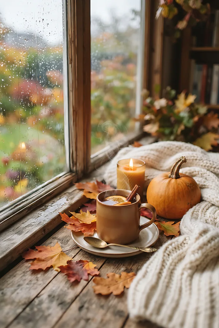Which Autumn Aesthetic Are You? Cozy autumn still life, showing a chunky knit blanket, a mug of steaming cider, orange leaves