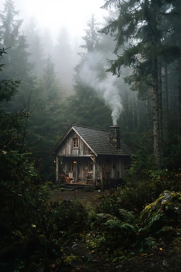Foggy Forest Cabin: autumn aesthetic result. A small wooden cabin among misty pine trees on a foggy autumn morning, smoke rising from the chimney, moss green and grey tones