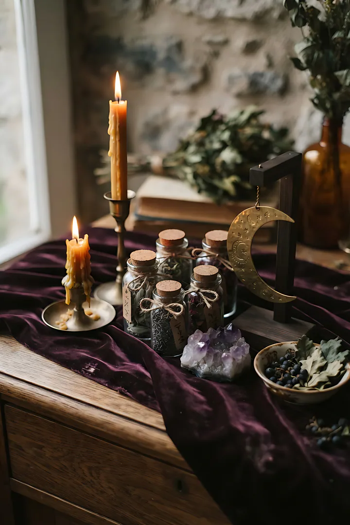 Witchy Harvest Moon: autumn aesthetic result. Witchy autumn still life, showing dark plum velvet cloth, beeswax candles, dried herbs in glass jars, a crystal, a crescent moon ornament