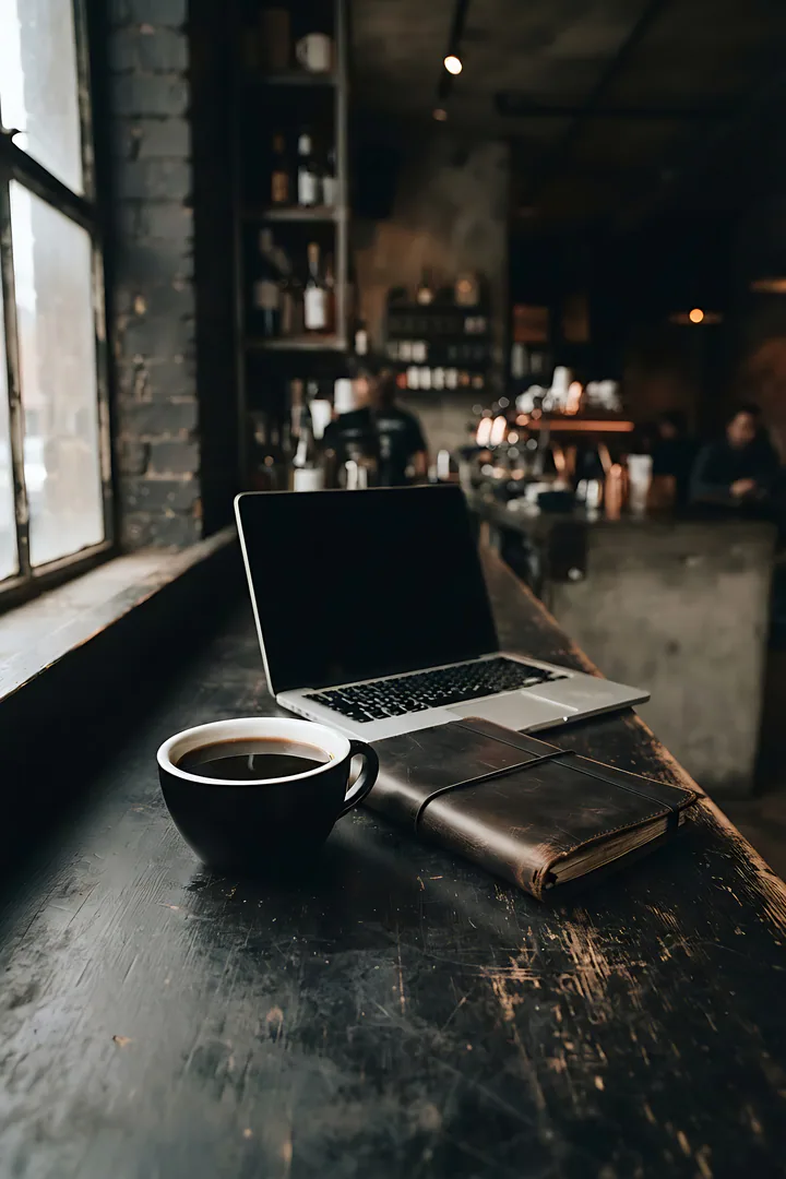 Black Coffee Mastermind: café personality result. A black coffee in a sleek ceramic cup beside a leather planner and a laptop on an industrial café counter, dark moody tones, sharp light