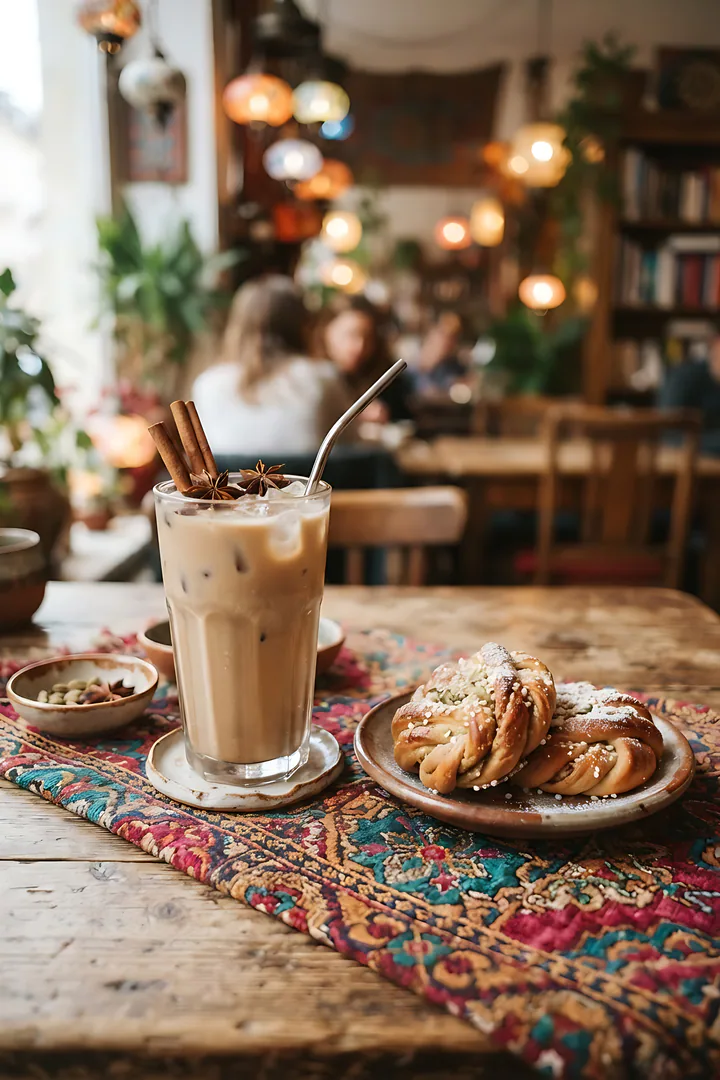 Iced Chai Free Spirit: café personality result. A tall iced chai with cinnamon sticks and star anise beside cardamom buns on a patterned textile, colorful mismatched café