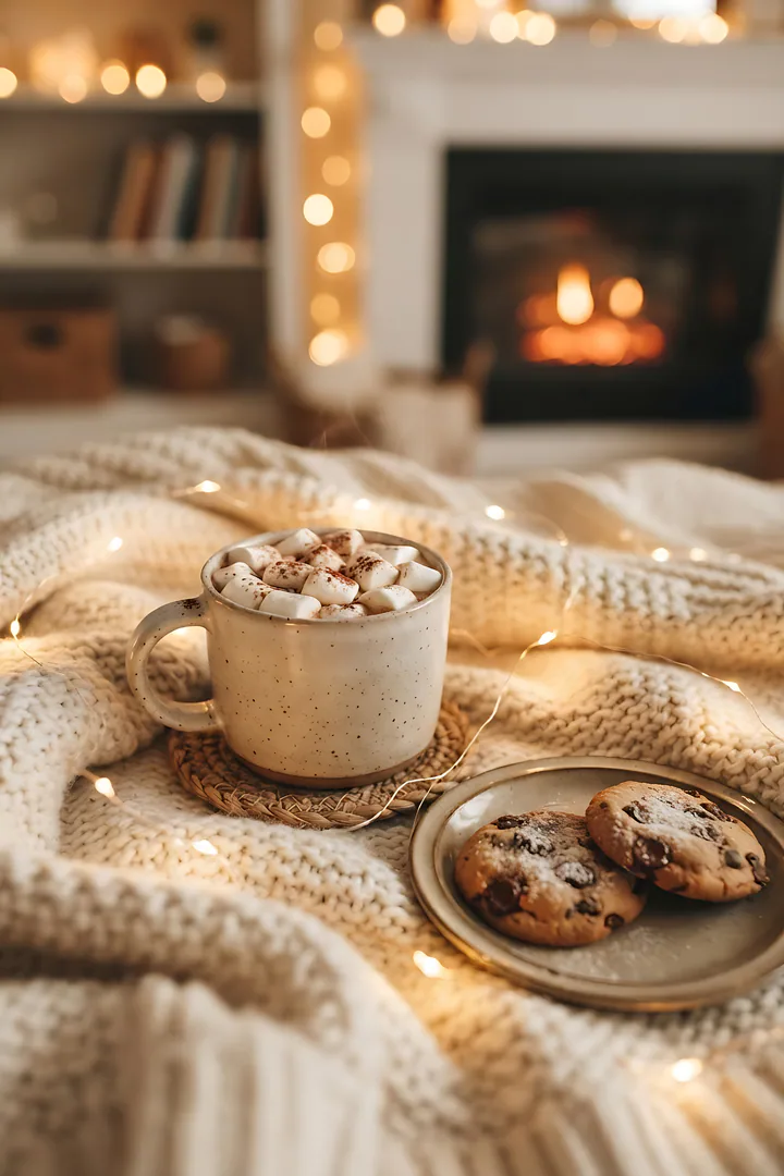 Hot Chocolate Softie: café personality result. A mug of hot chocolate with marshmallows on a chunky knit blanket with cookies and fairy lights, cozy warm glow
