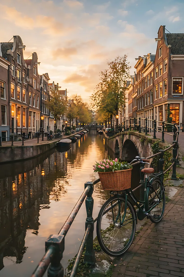 Amsterdam Canals: city aesthetic result. An Amsterdam canal at golden hour, showing narrow gabled brick canal houses reflected in the still water