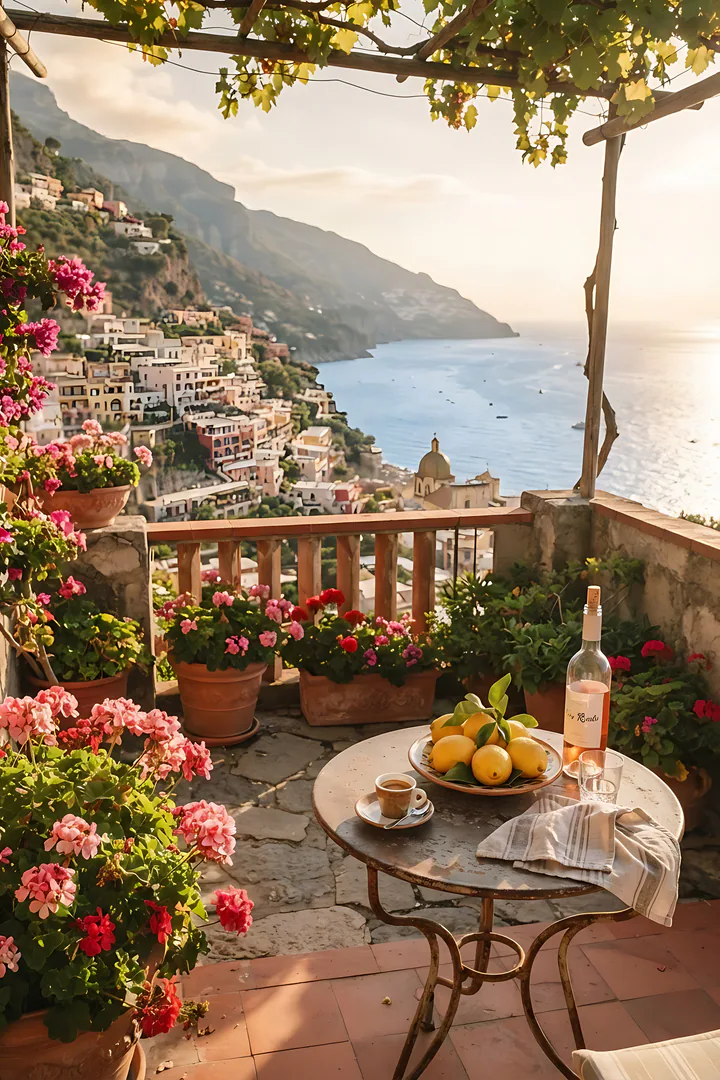 Italian Summer: city aesthetic result. A sunny Italian terrace by the coast in golden light, showing a small table with an espresso, a plate of lemons and a bottle of wine