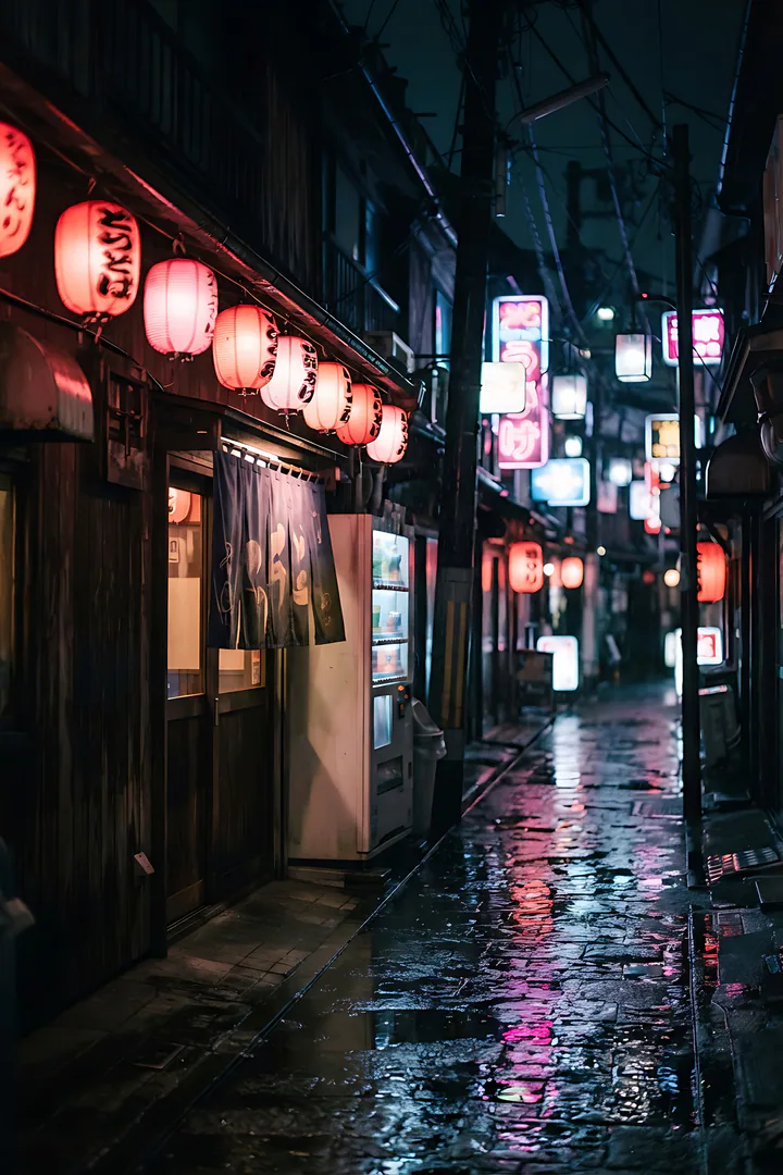 Tokyo Neon: city aesthetic result. A narrow Tokyo alley at night after rain, showing glowing red paper lanterns, pink and blue neon light reflecting on the wet pavement