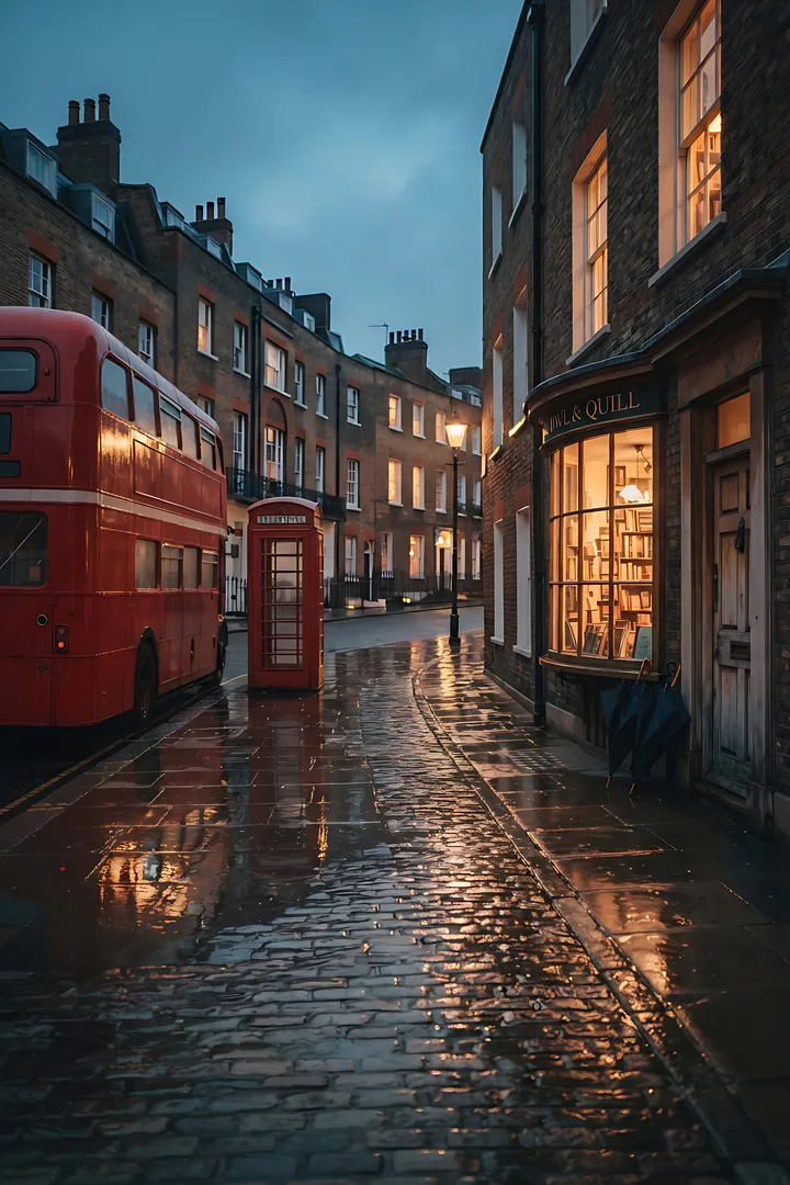 Rainy London: city aesthetic result. A rainy London street at dusk, showing a red double-decker bus, a red telephone box, wet cobblestones with reflections, brick townhouses