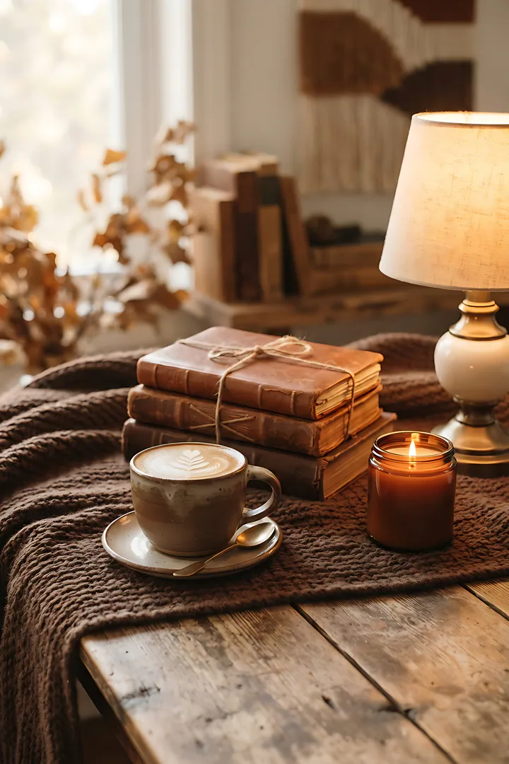 Cozy Brown: color aesthetic result. Cozy brown aesthetic still life, showing a chocolate brown chunky knit blanket, a latte with foam art in a mocha ceramic cup