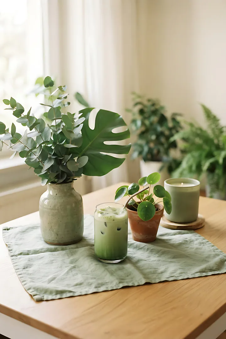 Sage Green: color aesthetic result. Sage green aesthetic still life on a light wooden table, showing a sage green linen cloth, a monstera leaf, eucalyptus in a ceramic vase