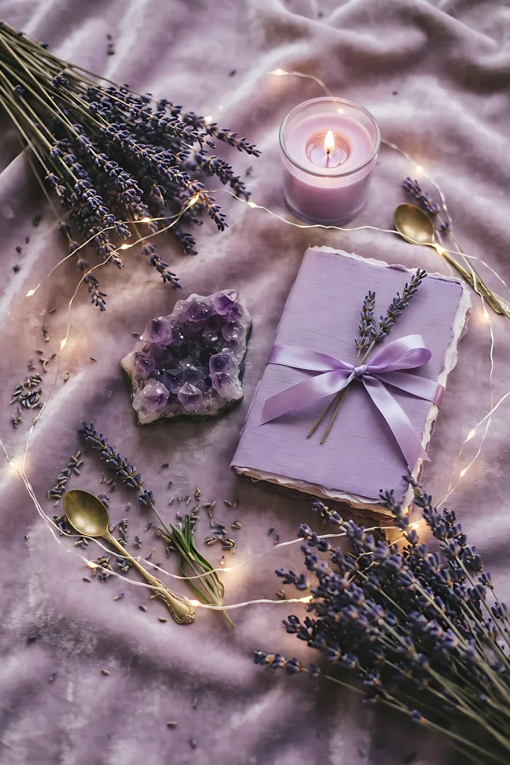 Lavender Dream: color aesthetic result. Lavender purple aesthetic flat lay on a dusty lilac velvet cloth, showing bunches of dried lavender, an amethyst crystal, a lilac candle