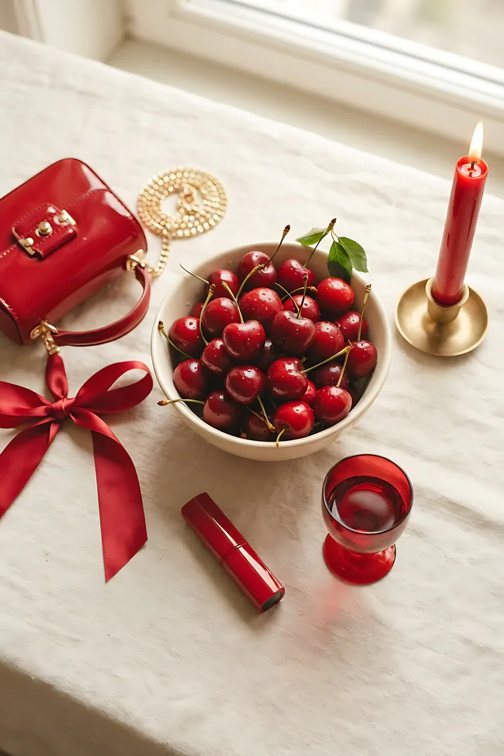 Cherry Red: color aesthetic result. Cherry red aesthetic flat lay on a cream tablecloth, showing a bowl of glossy fresh cherries, a red leather mini bag, a red satin ribbon
