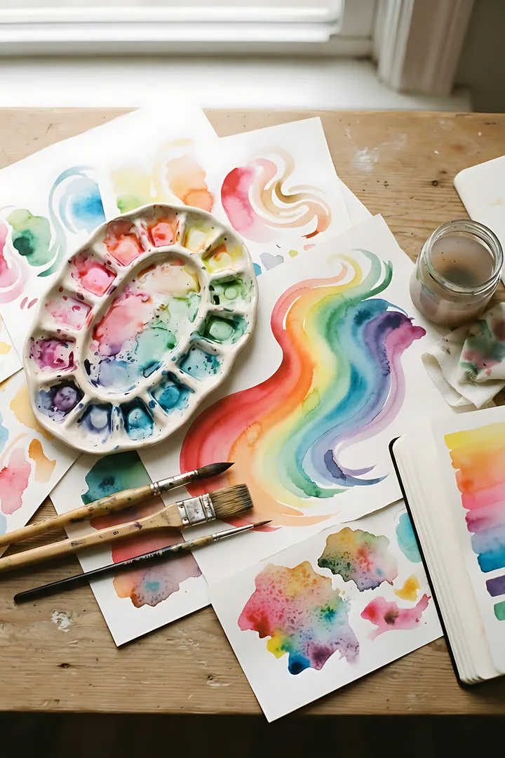 The Colorist: creative superpower result. A vibrant top-down flat lay of watercolor swirls and paint swatches in gradients of every color, brushes and a ceramic palette