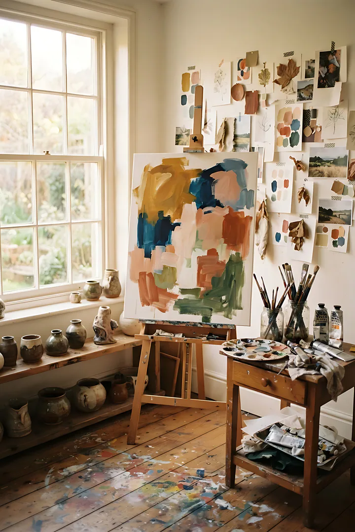 What's Your Creative Superpower? A bright, lively artist studio corner at eye level, showing a big canvas on an easel with bold painted color blocks, jars of brushes