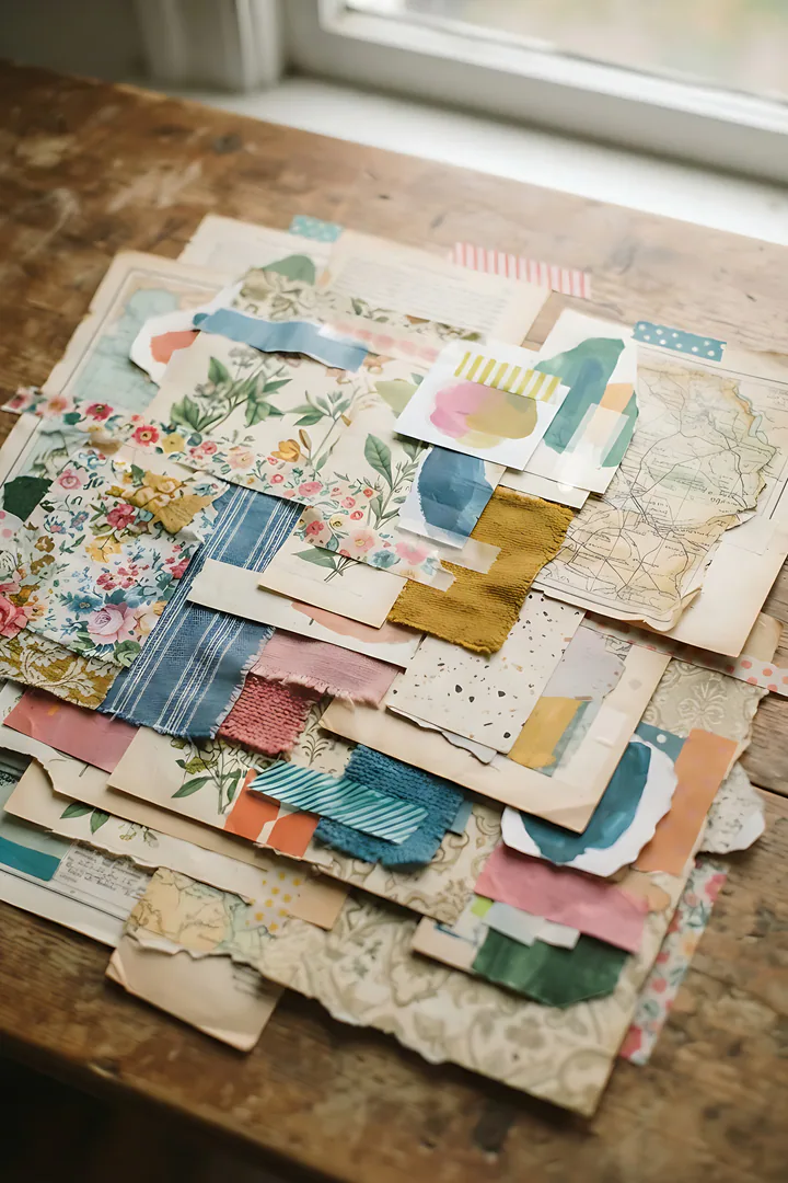 The Remixer: creative superpower result. A playful top-down collage of vintage paper clippings, fabric patches, colorful tape and torn shapes layered together