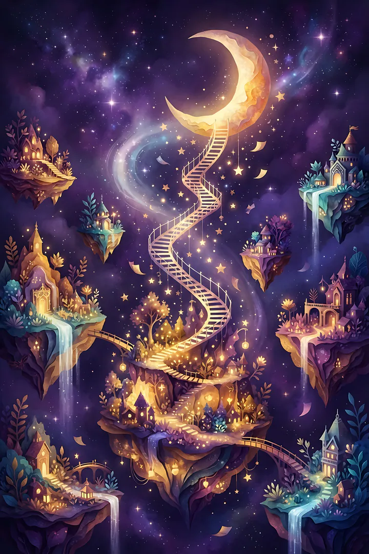 The Visionary: creative superpower result. A surreal glowing paper world, showing floating islands made of colorful paper, a tiny ladder leading to the moon
