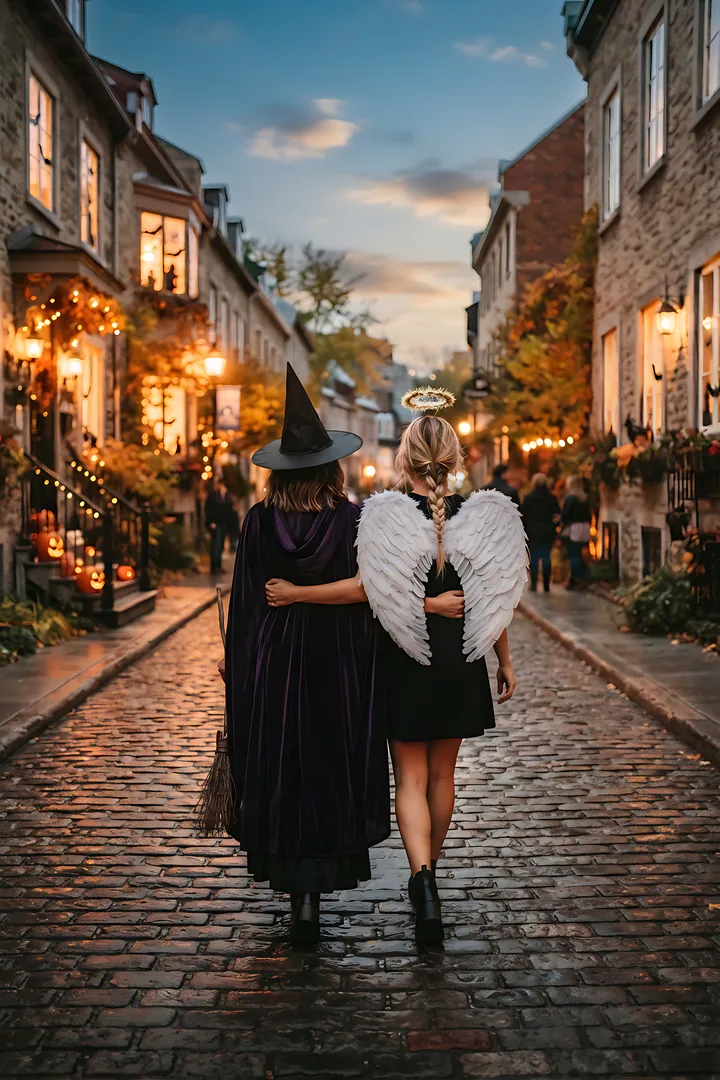 Which Duo Halloween Costume Are You and Your Bestie? Two best friends seen from behind, arm in arm, walking away down a cobbled autumn street at dusk in contrasting costumes