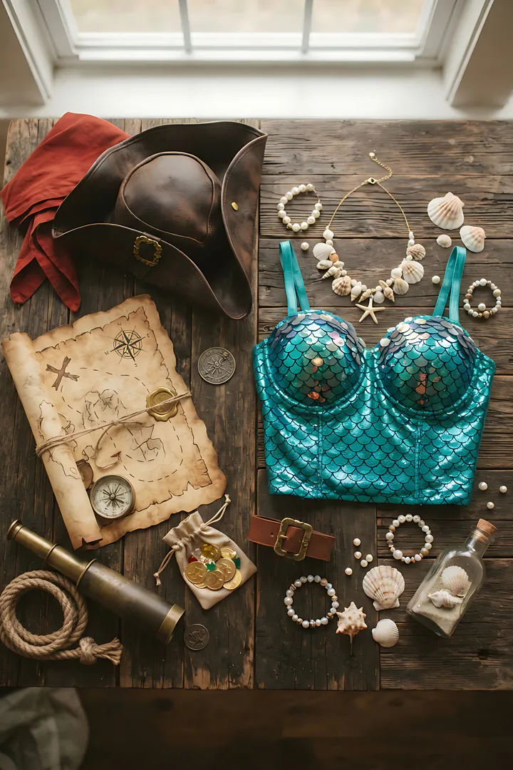 Pirate & Mermaid: duo Halloween costume result. Pirate and mermaid duo costume flat lay, showing a red bandana, a tricorn hat and a treasure map beside a shimmery teal scale top