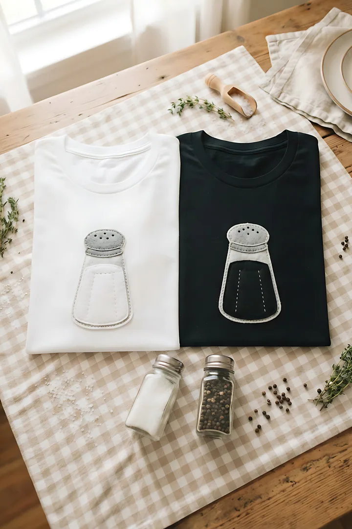 Salt & Pepper: duo Halloween costume result. Salt and pepper duo costume flat lay