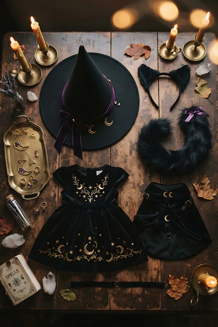 Witch & Black Cat: duo Halloween costume result. Witch and black cat duo costume flat lay, showing a black witch hat with a purple ribbon next to a black cat ear headband and a fluffy tail