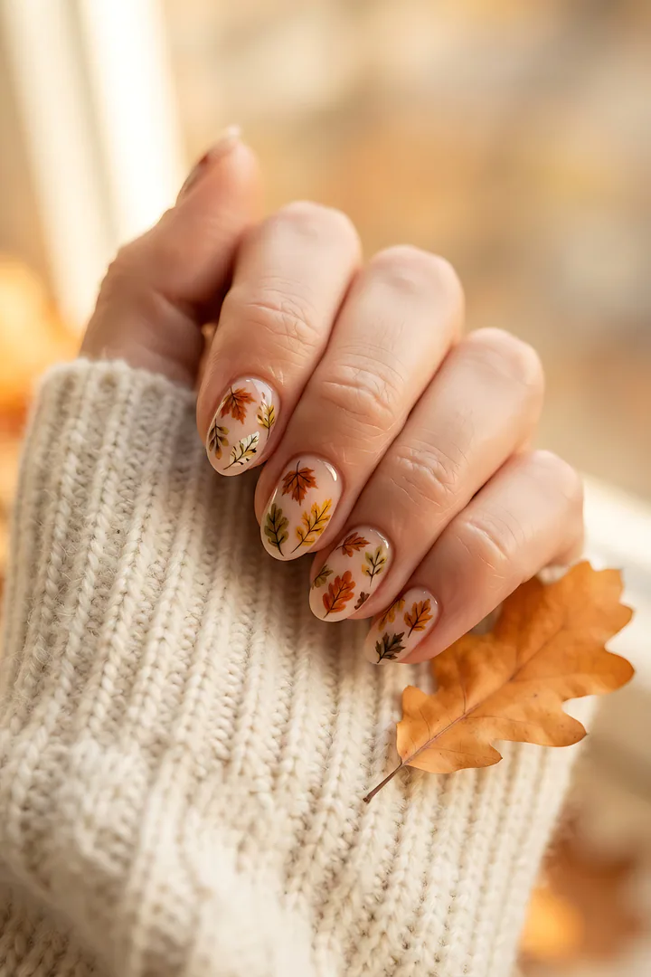 Autumn Leaves: fall nail design result. Macro close-up of the back of a young woman's hand with fingers slightly curled toward the camera so all five short almond nails are clearly
