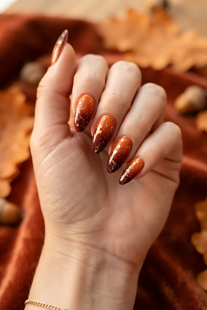 Sunset Ombre: fall nail design result. Macro close-up of the back of a young woman's hand with fingers slightly curled toward the camera so all five long almond nails are clearly 