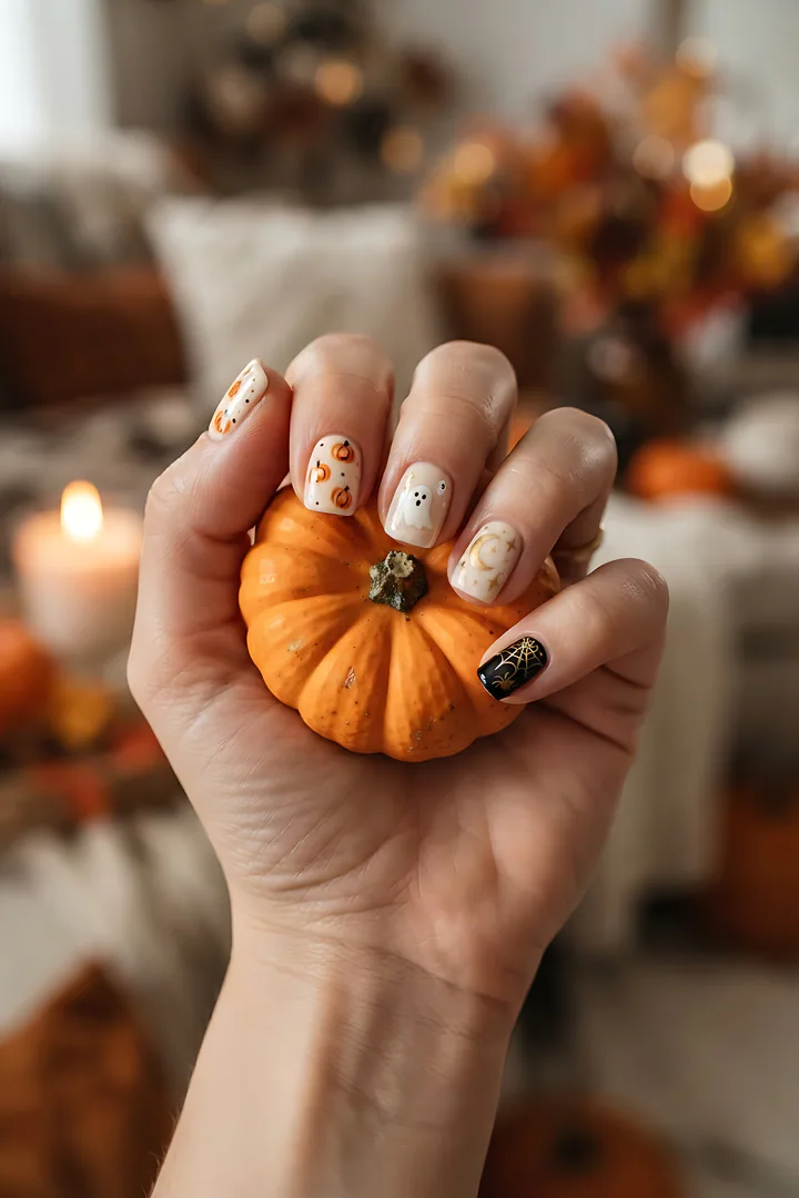 Spooky Pumpkin: fall nail design result. Macro close-up of a young woman's hand loosely cradling a small orange mini pumpkin in the curled fingers
