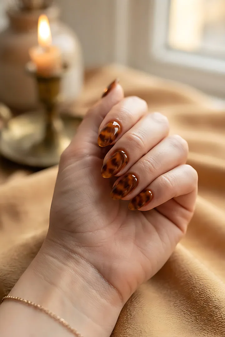 Tortoiseshell: fall nail design result. Macro close-up of the back of a young woman's hand with fingers slightly curled toward the camera so all five medium almond nails are clearl