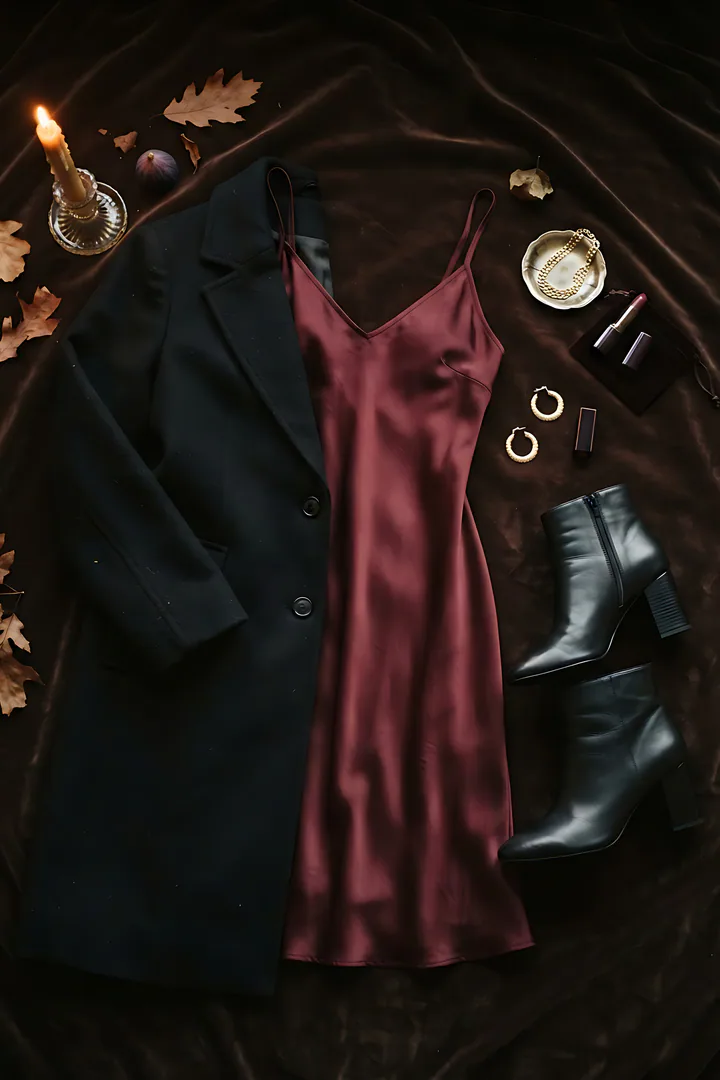 Date Night Glow: fall outfit result. Date night fall outfit flat lay, showing a burgundy satin slip dress, a long black wool coat, heeled ankle boots