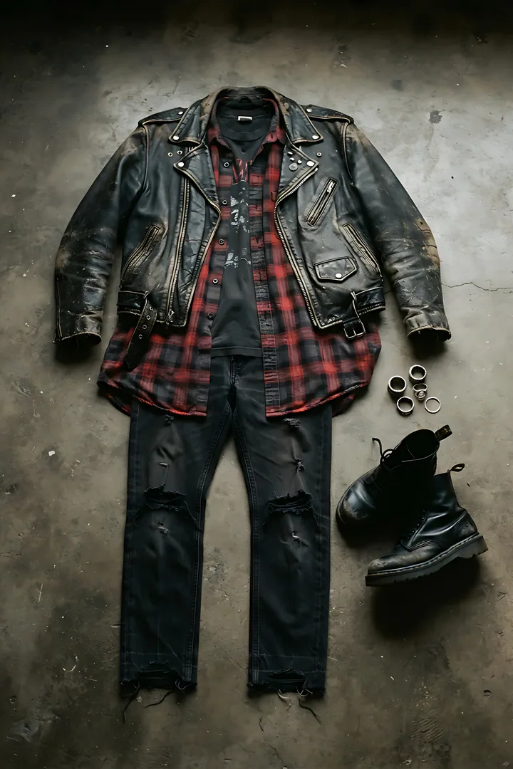 90s Grunge: fall outfit result. 90s grunge fall outfit flat lay, showing a worn black leather jacket, an oversized red and black flannel shirt, a faded band tee