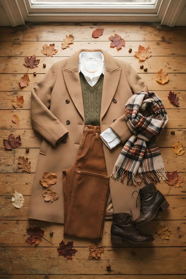 Layered & Chic: fall outfit result. Layered fall outfit flat lay, showing a long camel wool coat, a white button-up shirt, a fine-knit olive sweater vest