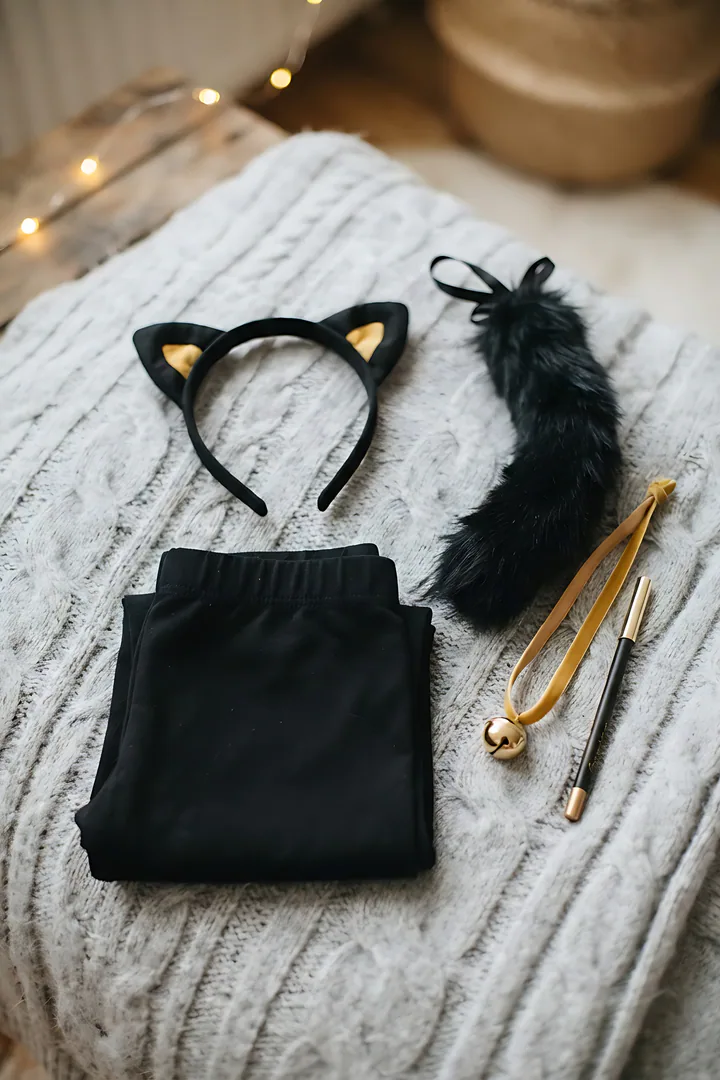 Black Cat: Halloween costume result. Black cat costume flat lay on a soft grey knit blanket, showing a black cat ear headband, a fluffy black tail, folded black leggings