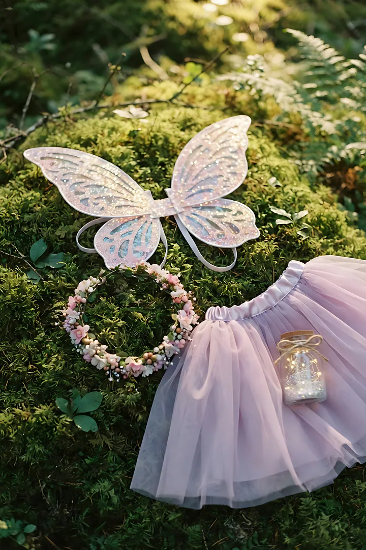 Fairy: Halloween costume result. Fairy costume flat lay on green moss, showing a pair of glittery iridescent wings, a flower crown of tiny pink and white blossoms