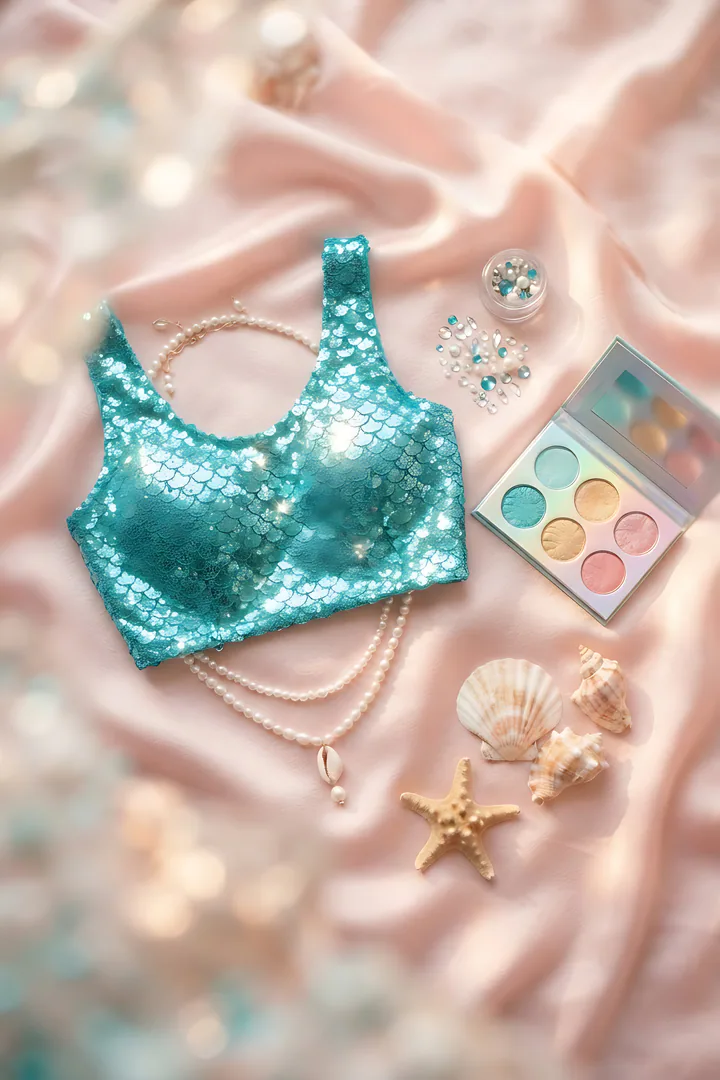 Mermaid: Halloween costume result. Mermaid costume flat lay, showing a shimmery teal scale-pattern top, a string of pearls and a shell necklace