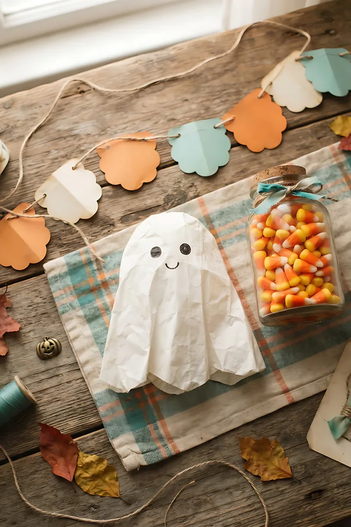 Vintage Ghost: Halloween aesthetic result. Vintage Halloween nostalgia flat lay, showing a cute white paper ghost decoration with round black eyes