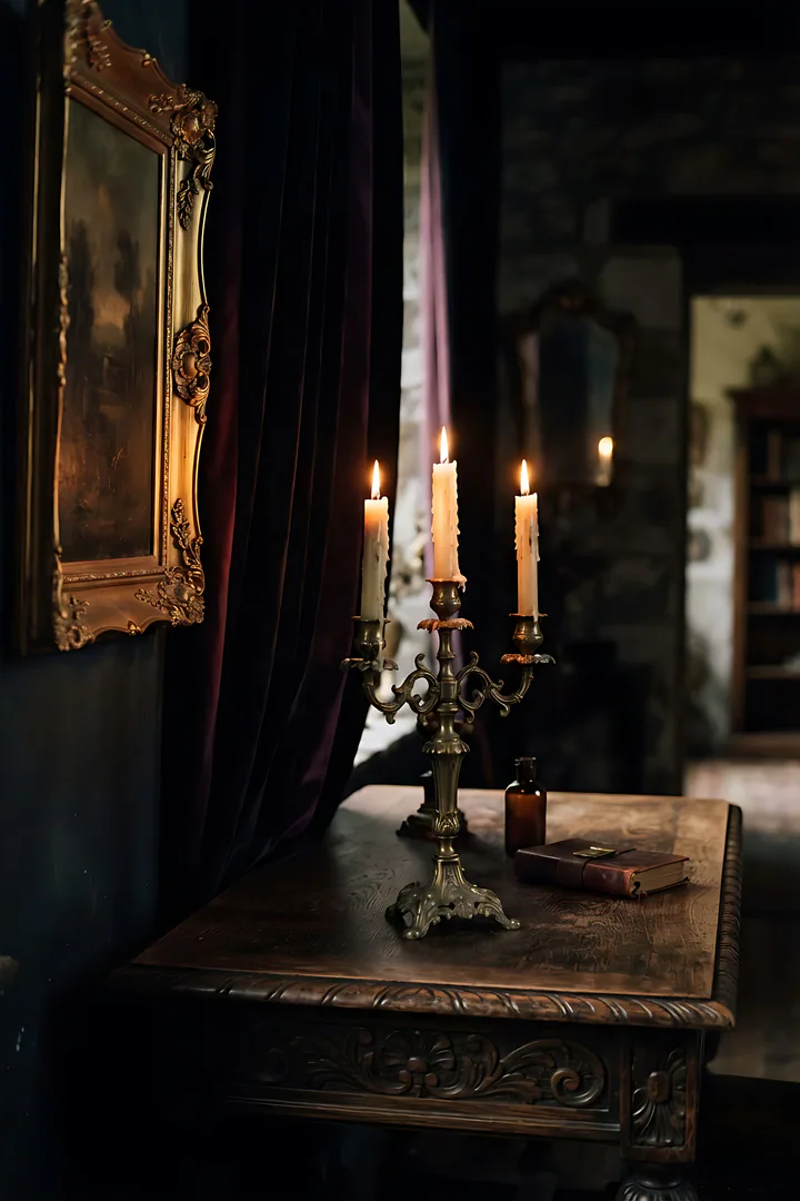 Haunted Manor Muse: Halloween aesthetic result. Gothic haunted manor interior, showing a brass candelabra with tall lit candles on a dark wooden table