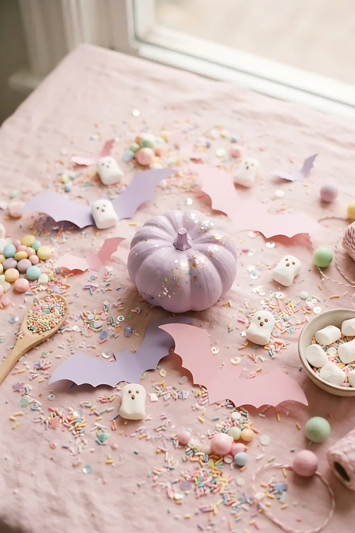 Spooky-Cute Sprite: Halloween aesthetic result. Spooky-cute pastel Halloween flat lay, showing lilac and pink paper bats, tiny marshmallow ghosts, rainbow sprinkles