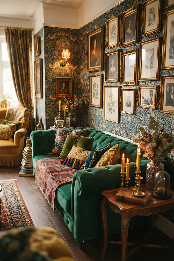 Maximalist Jewel Box: home style result. Maximalist jewel-box interior, showing emerald velvet sofa, gallery wall, patterned wallpaper, brass candlesticks, rich colors