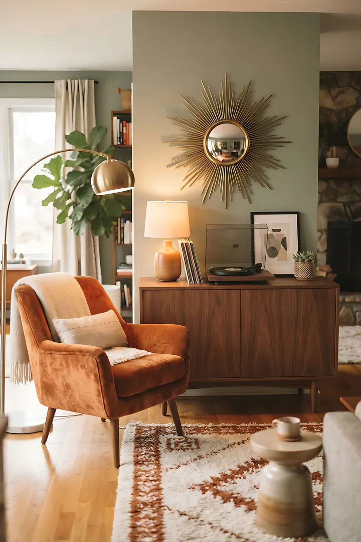 Mid-Century Cool: home style result. Mid-century modern living room, showing walnut sideboard, orange accent chair, sunburst mirror, record player, tapered legs, warm light