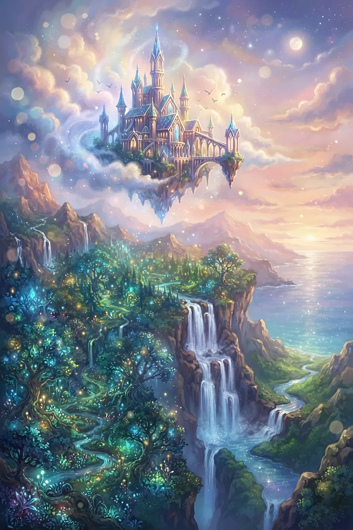 Which Fantasy Realm Do You Belong In? A dreamy fantasy landscape, showing a floating castle in the clouds above a glowing elven forest, a waterfall running to a sparkling sea