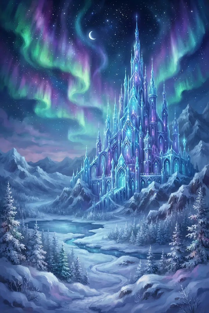 Frozen Crystal Citadel: fantasy realm result. A frozen crystal citadel of tall ice spires under the northern lights, snowy landscape, cold blue and violet glow