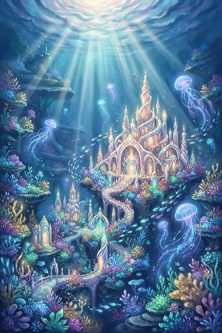 Deep Sea Kingdom: fantasy realm result. A glowing underwater coral kingdom with a pearl palace, bioluminescent jellyfish and rays of sunlight from the surface