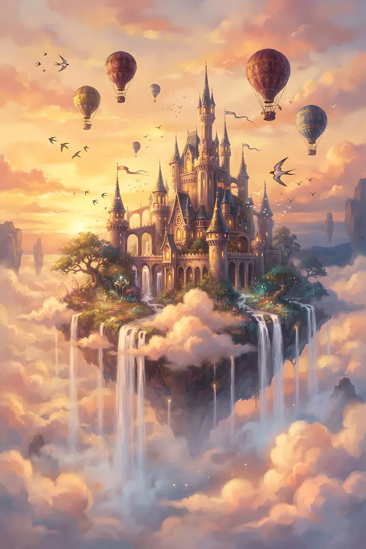 Castle in the Clouds: fantasy realm result. A fantasy castle floating on clouds at golden sunset, waterfalls spilling into the sky, hot air balloons and birds
