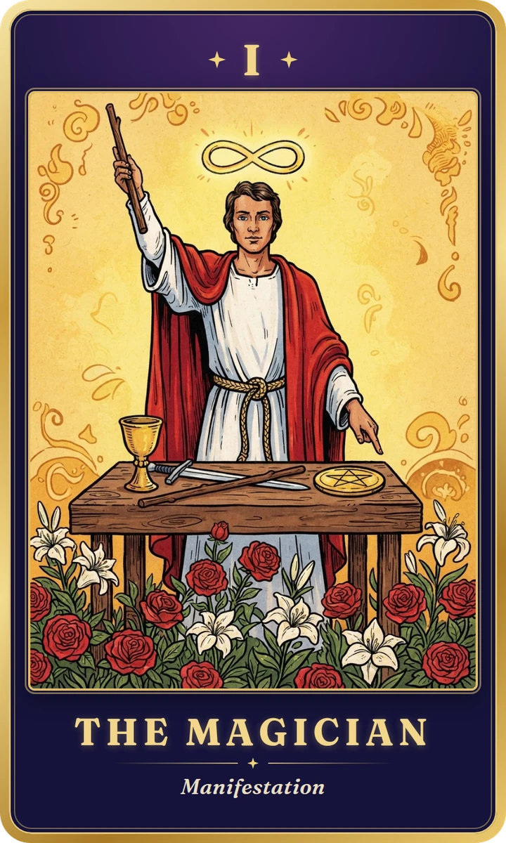 The Magician: tarot card result. A tarot card numbered I, The Magician, showing a figure in a red cloak with one hand raised holding a wand behind a table with a cup